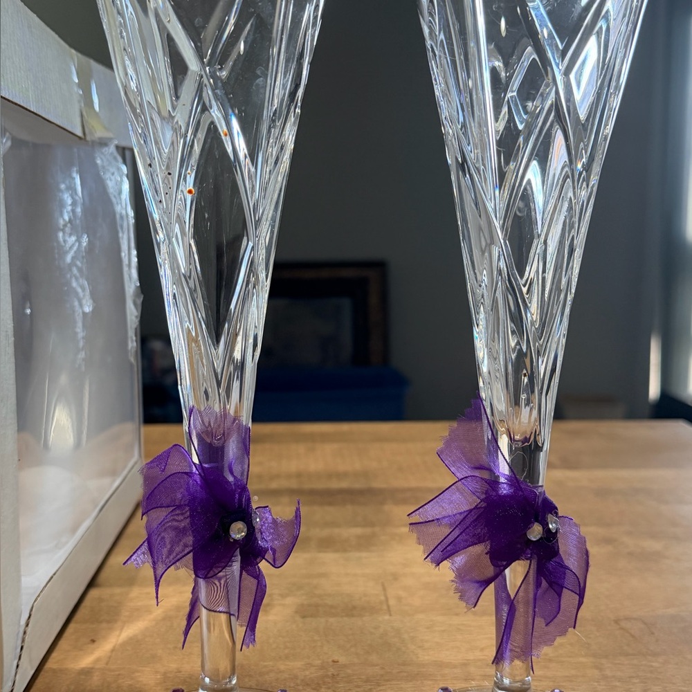 Crystal Champagne Flutes with Purple Accent